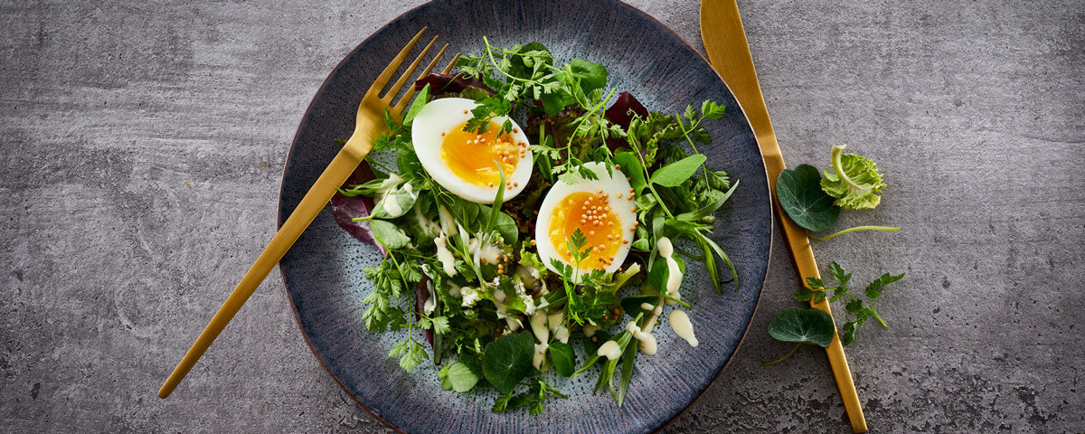 Billede af en skål med salat og Forårsæg. 